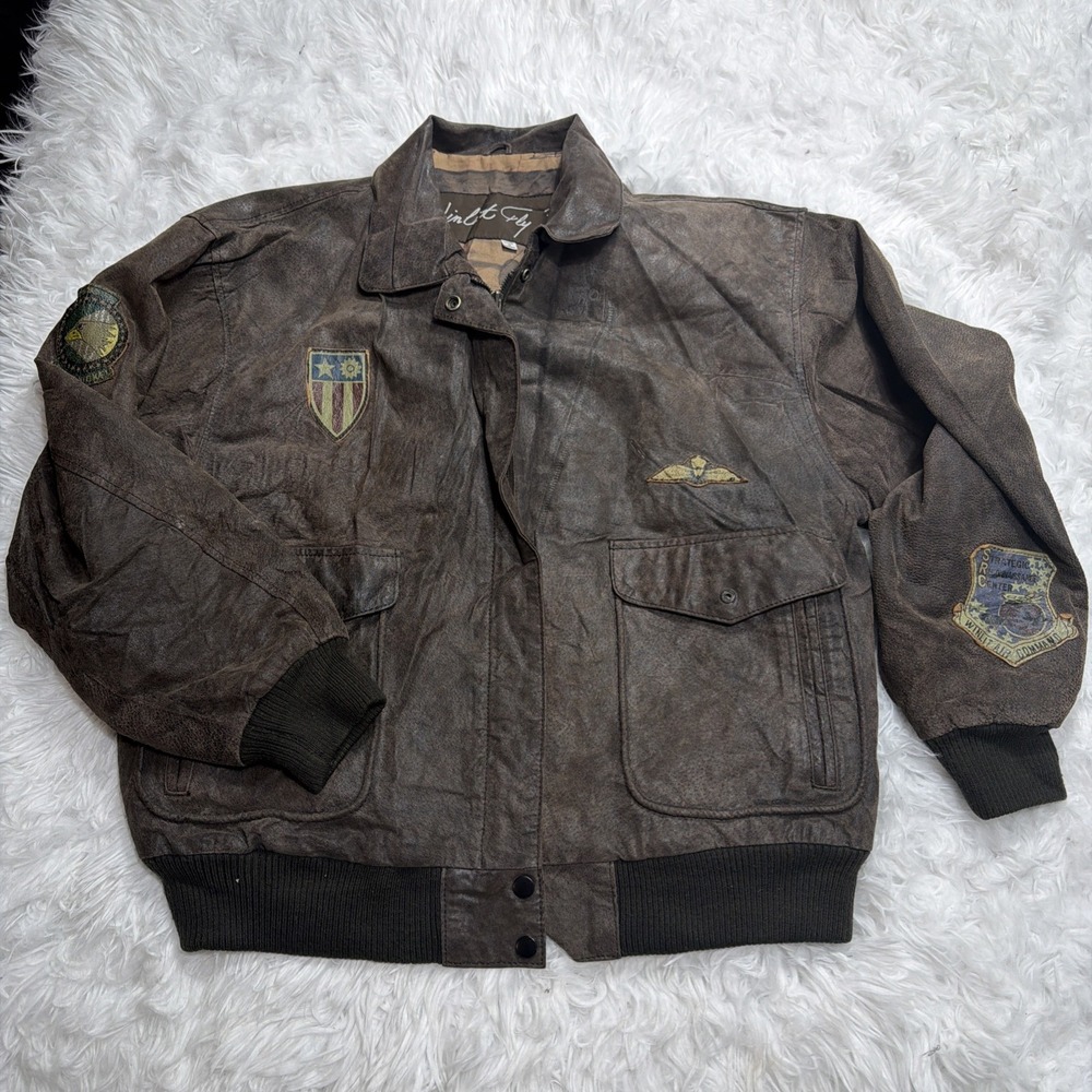 Vintage 80's Winlit Fly-Boys Mens Brown Bomber Leather Flight Jacket Size Medium